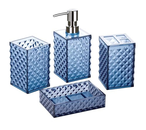 A+KCEYON Badkamer Accessoires Set 4 stuks Navy Blue met Diamantpatroon