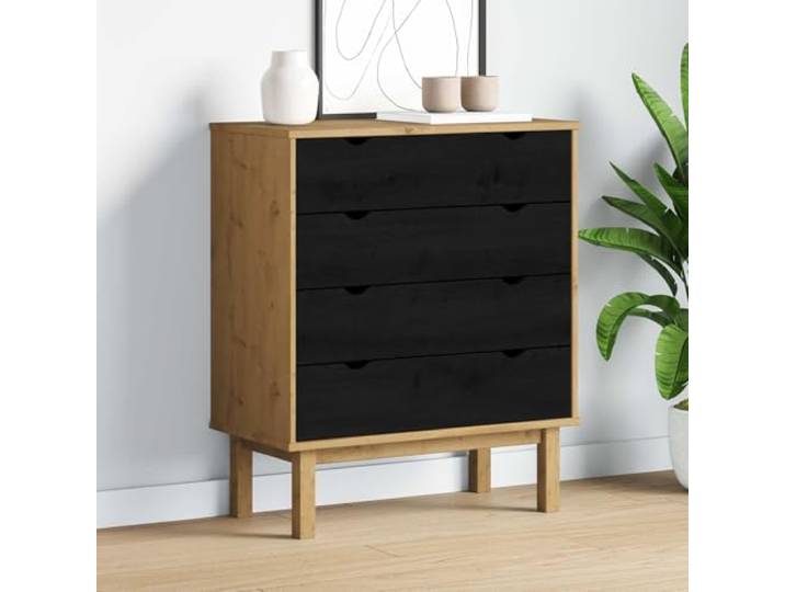 HKQWPBF Kommode OTTA Schwarz 76,5 x 39,5 x 90 cm Massives Kiefernholz Massives Kiefernholz, wasserabweisende Oberfläche, vier Schubladen, skandinavische Eleganz, kompakte Maße