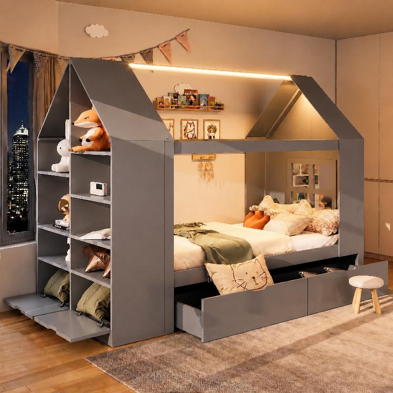 Kinderbett 90x200cm in Hausform mit 2 Schubladen, LED und Stauraum, Massivholz+MDF, Grau, mit Seitenregal und Fensterdesign