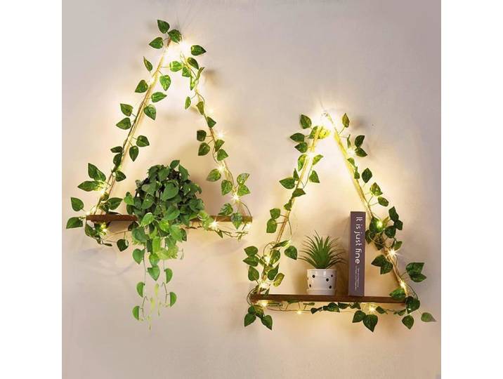Dremisland Lot De 2 Étagères Suspendues En Macramé Lierre Artificiel Bande Led Étagère Flottante Bois Murale Bohème Deco Mac[BI220]