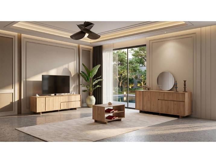 Xlmoebel Wohnzimmer-Set Braunes Wohnzimmer-Set TV-Schrank Couchtisch Konsole Spiegel modern