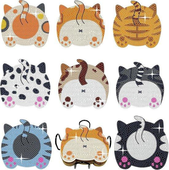 Set van 8 handgemaakte kattenonderzetters met standaard, multicolour