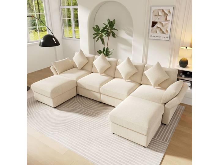 Canapé modulable d'angle - ZEVKOR - Canapé modulable 1 - Chenille beige - 4-6 places - 2 poufs & accoudoirs réglables