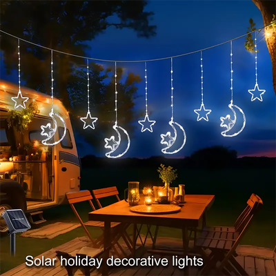 Multicon Wholesale Hub Solar Powered Stars And Moon Lights, Waterproof Curtain String Lights For Outdoor Terraces, Porches, And Weddings white