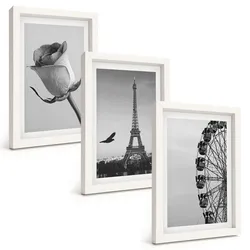 BILDER SET 3er Set - 20x30 cm Weißer Rahmen - Rose Eiffelturm Riesenrad