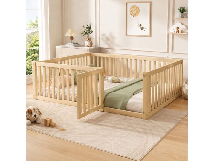 Lit enfant - LEMLIT- lit au sol enfant - 140x200 cm - Bois de pin massif - Cadre de lit au sol avec clôture et porte - Naturel