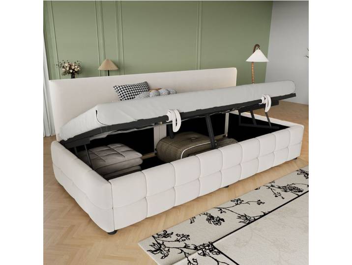 HOMVRA Lit Coffre 90x200 Cm Lit Enfant Avec Rangement Hydraulique Sommier Motif Moderne En Velours Beige