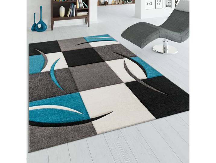 Paco Home Tapis De Créateur Aux Contours Découpés à Carreaux En Turquoise Noir Crème Turquoise 300x400 cm