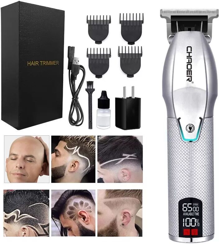 INF Professionelle Herren Haarschneidemaschine, kabelloser Haartrimmer mit Keramikklinge & Digitalanzeige Silber