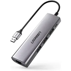 Ugreen CM266 Hub Adapter 5in1 USB, 3x USB 3.0, micro USB, RJ45 (gray) (USB-A, 5 Ports), Dockingstation + USB Hub, Grau