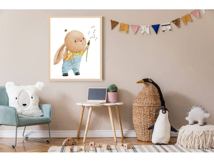 Bild mit Rahmen LÜTTENHÜTT oder Poster, Hase mit Pusteblume , bunt (farbe rahmen: beige, farbe bild(er): bunt), B:50cm H:70cm T:0,7cm, Holz, Plexiglas, Bilder, Bild mit Rahmen, HD Premium Druck