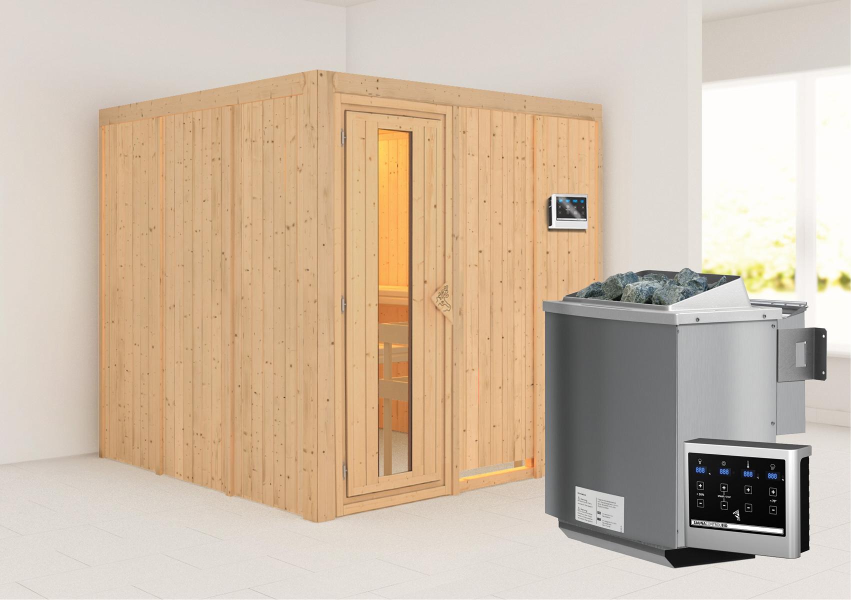 KARIBUHOLZT Sauna Rodin Front, 9kW Bio ext. Strg m.einer Isoliertür 09231479