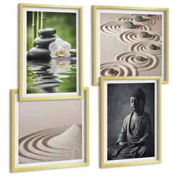 BILDER SET 4er Set - 50x50 cm & 40x60 cm Goldrahmen - Ein entspannter Buddha am Strand
