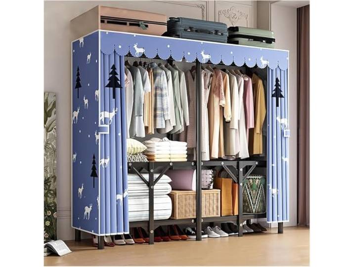MmcdylyhEU Robuster tragbarer Kleiderschrank mit Abdeckung – Standgarderobe for Aufhängen von Kleidung, Faltbarer Organizer for die Aufbewahrung von Kleidungsstücken(Blue3,150x170x45cm)