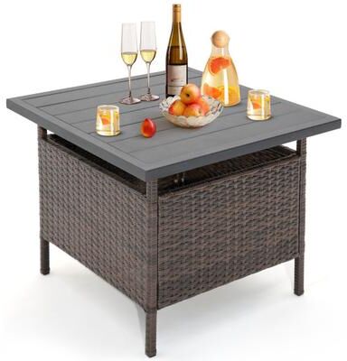 Costway Patio Square Wicker Side Table with Umbrella Hole for Yard Garden Poolside