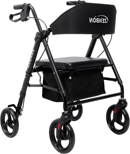 Faltbarer Rollator - Gehhilfe mit Sitz - Unterstützung beim Gehen - Leichtes Aluminiumgestell - 20 cm Räder - Schwarz