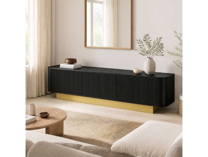 Meuble TV bas - ZEVKOR - Meuble TV Bas 170 cm - 3 portes - Étagère réglable - MDF noir