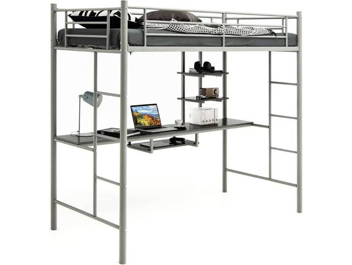 GIANTEX Lit Mezzanine 90x190 cm en Métal avec Bureau- Lit Superposé Simple avec Échelle et Garde-Corps- pour Enfant/Adulte-Gris