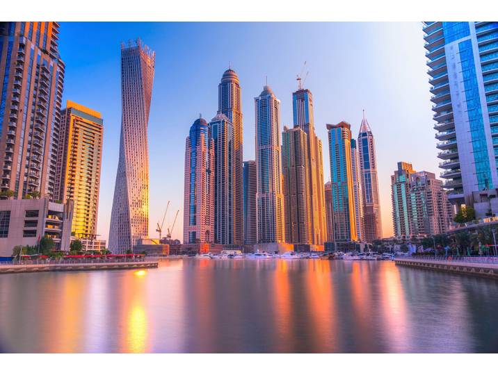 Fototapete PAPERMOON DUBAI SKYLINE-MARINA EMIRAT CAYAN TOWER MEER KHALIFA , bunt, B:4m L:2,6m, Vlies, Tapeten, Fototapete