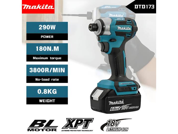 Makita DTD173 bleu 18V Perceuse à percussion sans balais au lithium-ion, outil multifonctionnel, outil électrique, perceuse, outil à percussion