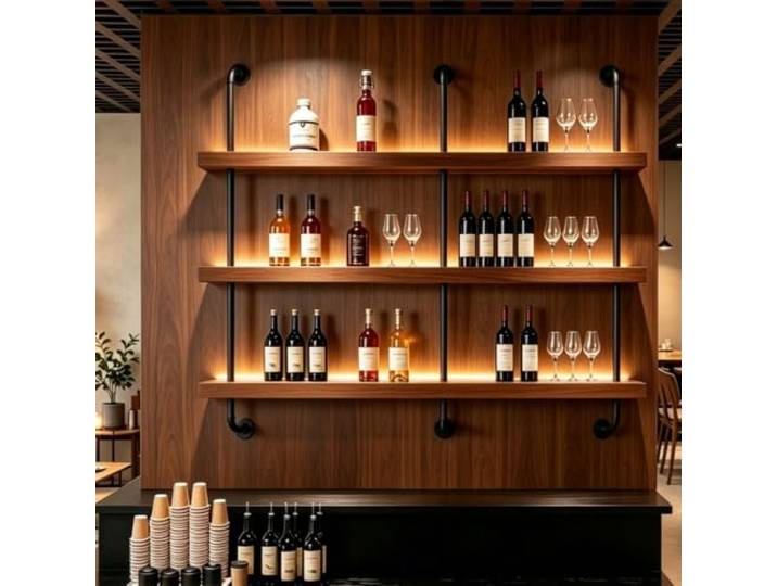 Alkmla Weinregal Wand 3 Ebenen Weinflaschenhalter Wandmontage, schwebendes Barregale Wand für Bar, Wohnzimmer & Restaurant，Walnut：3 Tiers：120cm