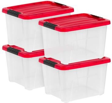 Iris Usa 20.5 QT Stackable Holiday Storage Bins, Clear/Red (4-Pack)