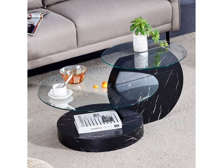Table basse - Design multicouche - MDF & Verre - Noir - 90x69.8x43.2 cm