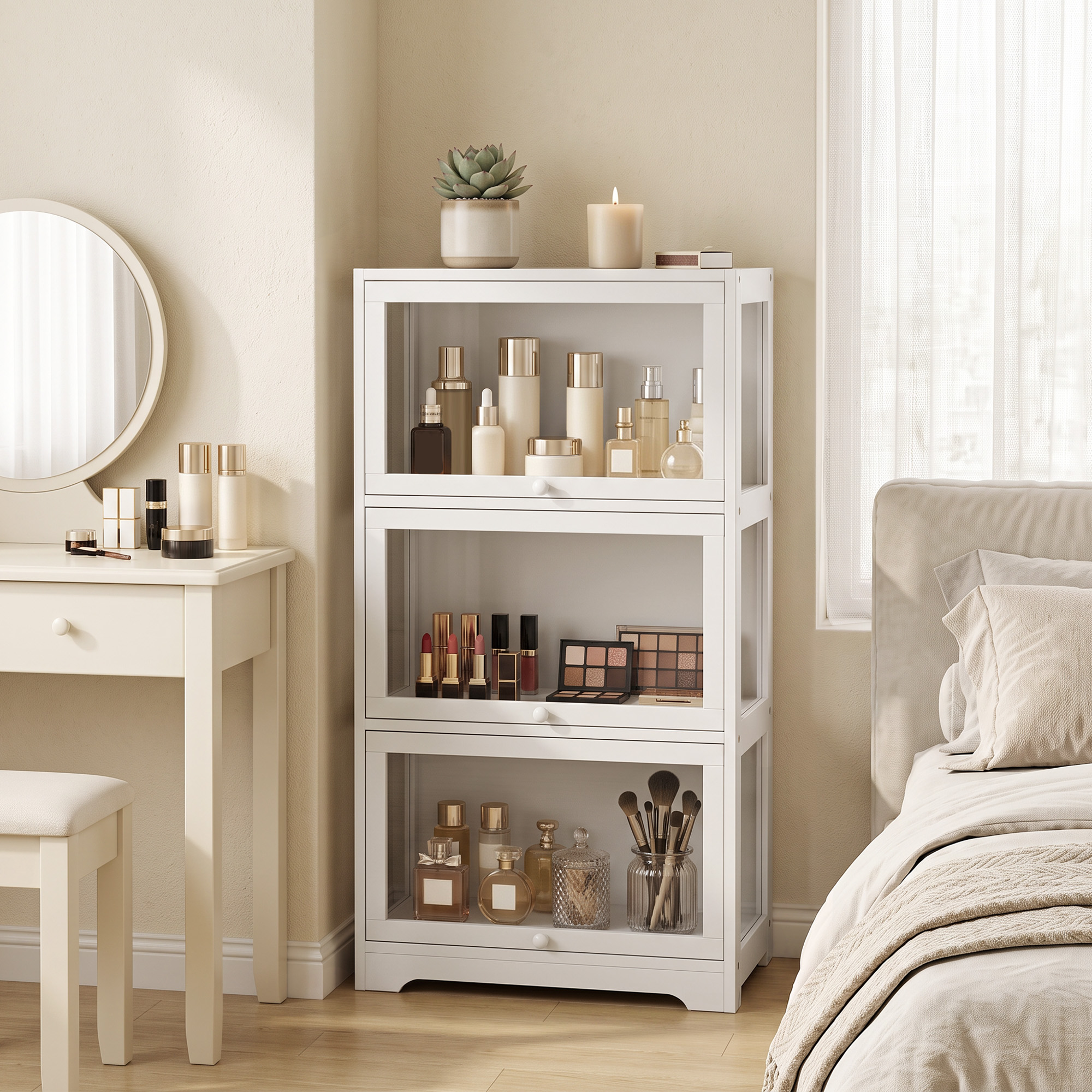 Homcom Vetrina espositiva a 3 livelli con ante in acrilico, 59x30x106 cm, bianco   Aosom Italy