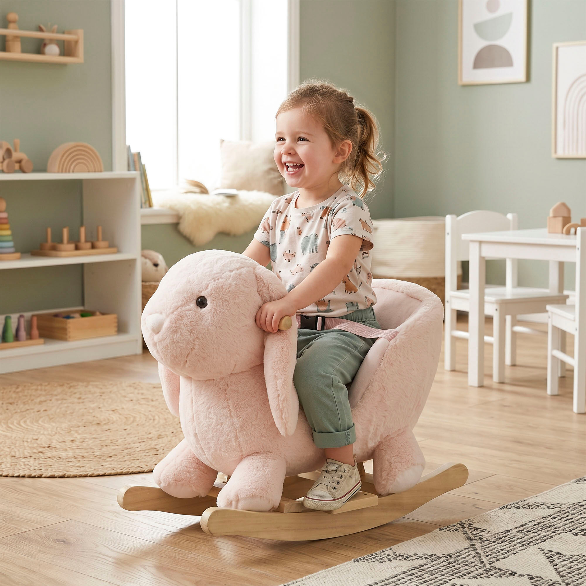 Altro Cavallo A Dondolo A Forma Di Coniglio Con Suoni, Cavalluccio A Dondolo Per Bambini 18-36 Mesi Interattivo, Rosa, 60x33x50cm