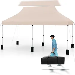 COSTWAY 3x6m Faltpavillon, wasserabweisender stabiler Partyzelt mit UV‐Schutz 50+, höhenverstellbar, inkl. Tragetasche, beige