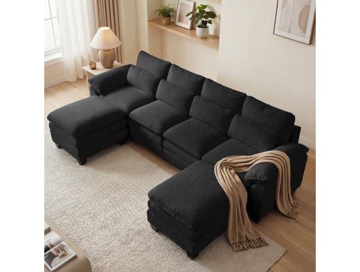 Canapé modulable coussins doubles noir Canapé d'angle réversible coussins doubles canapé 3/4 places en velours Teddy