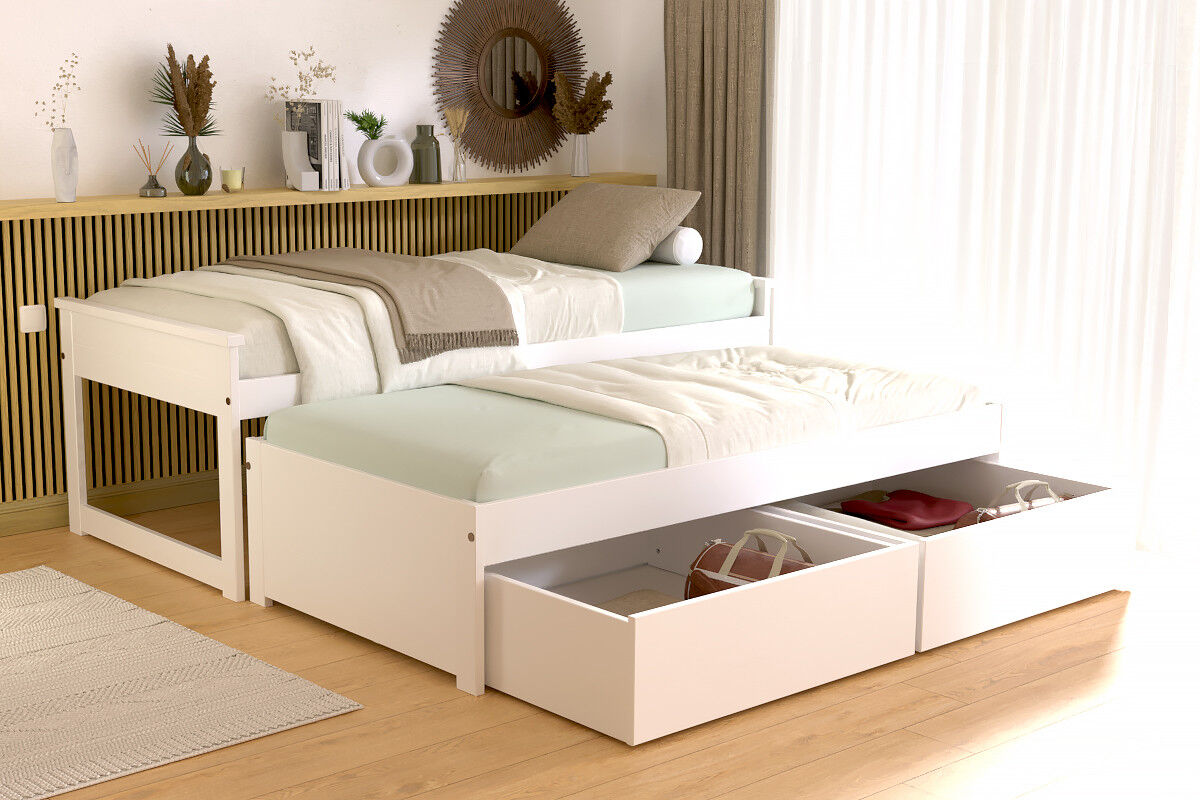 ABC MEUBLES Ausziehbares bett 90x200 Maxi aux Massivholz mit Schubladen - Weiß