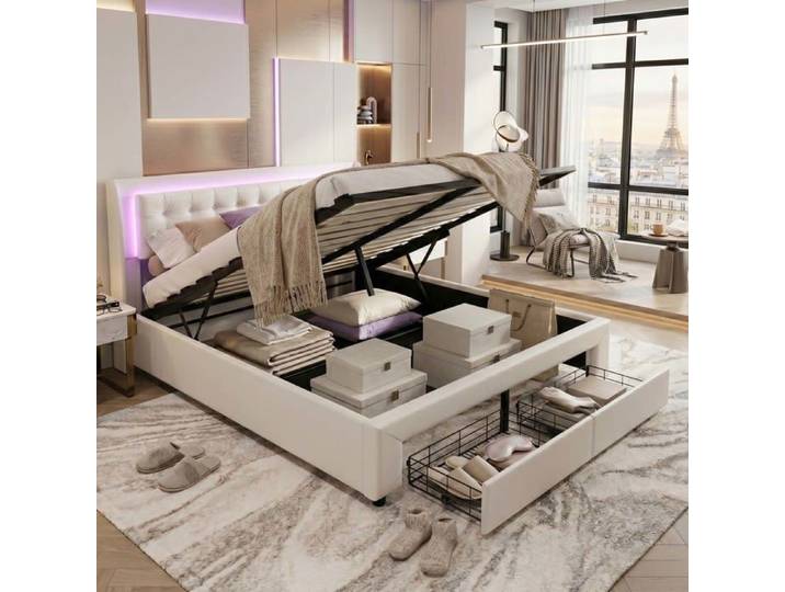 Lit Coffre 140x190 cm Grand Rangement Double Espace Design Soigné en Velours avec LED Tiroir et Sommier 350kg