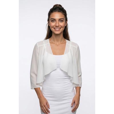 Boleroblazer BONPRIX, Damen, Gr. 44, wollweiß, Chiffon, Obermaterial: 100% Polyester, leicht transparent, unifarben, figurumspielend taillenlang, Blazer, für festliche Anlässe und Hochzeiten, 3/4-Ärmel, Wasserfallkragen
