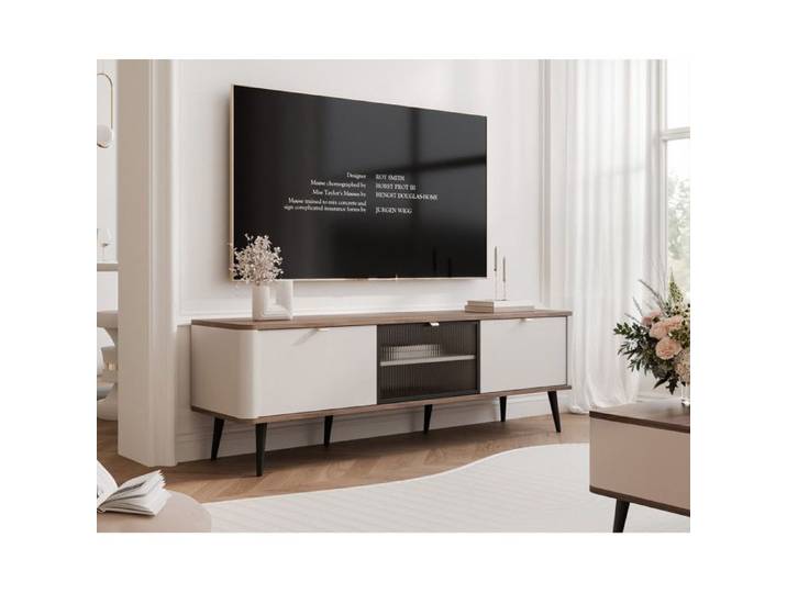 Meuble TV avec Vitrine NAVANI - avec 3 portes - 160x40x52 cm - Cachemire/noyer