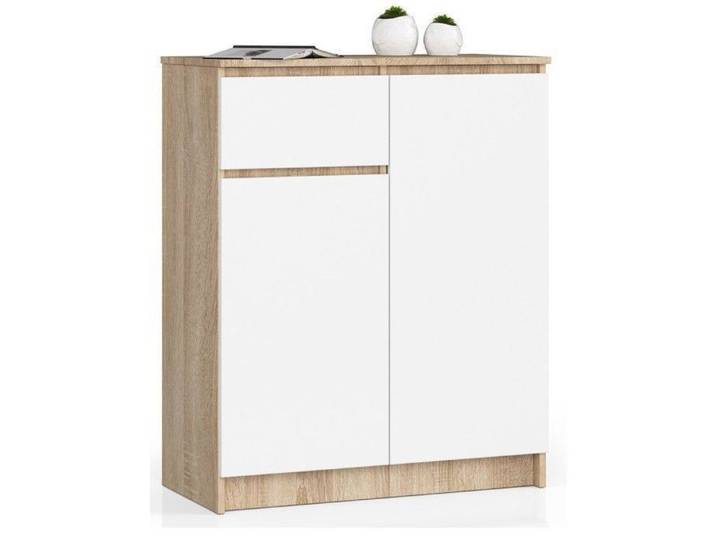 Commode AKORD K80 Chêne Sonoma 80 cm 2 portes 1 tiroir façade Blanche 4 étagères 80x40x99 cm