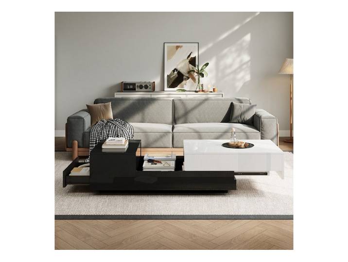 Fine Life Pro Couchtisch Hochglanz-Couchtisch, schwarz-weiß, Schiebeplatte, 1 Schublade, 100x50x38 cm, großer Stauraum, Beistelltisch für Wohnzimmer, modern