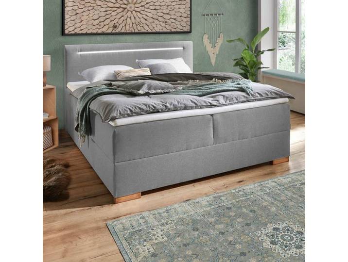 Boxspringbett Duman Webstoff mit Beleuchtung und Bettkasten 180x200cm Bonellfederkern-Box Härtegrad: H3 Hellgrau
