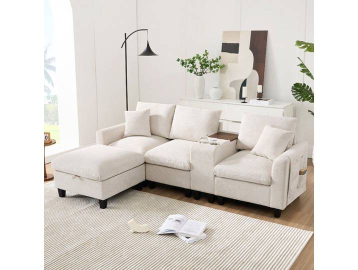 Canapé d'angle - DREAMMESPACE - Velours côtelé beige - 4 places - Console avec USB - Poches de rangement