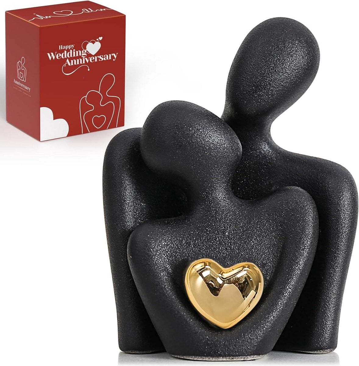 Mini Paar Standbeeld Abstract Sculptuur met Gouden Hart Detail - Zwart - Hoogte: 8 cm