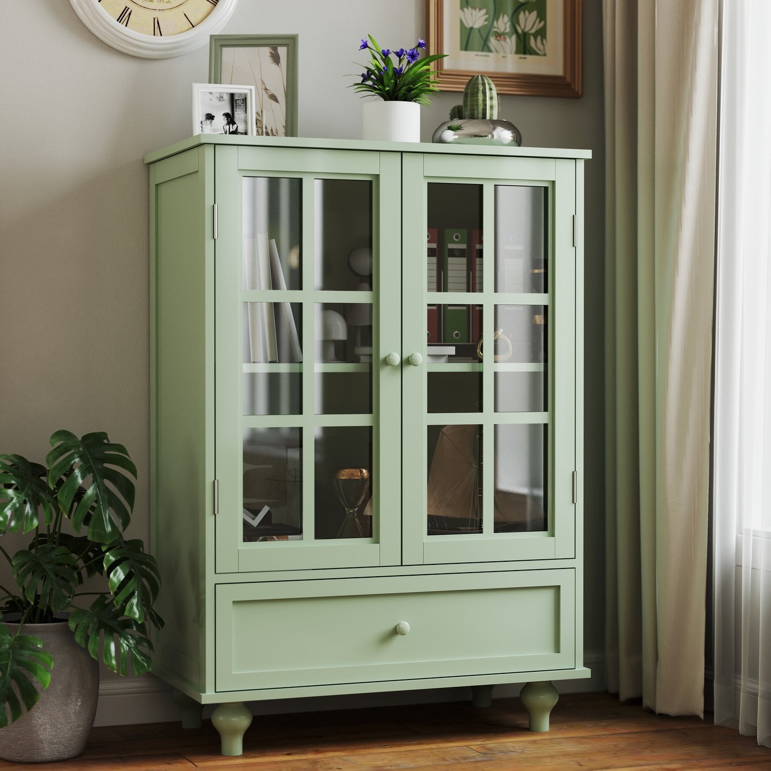 Minimalistische Buffetkast Sideboard met 2 Glazen Deuren, Laden en Verstelbare Legplanken - Muntgroen