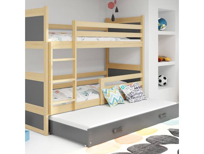 Etagenbett teilbar in 2 Einzelbetten Rico 90x200 cm Kiefer/Grau - Stockbett umbaubar, mit 3. Schlafplatz in der Schublade & Rausfallschutz (beidseiti