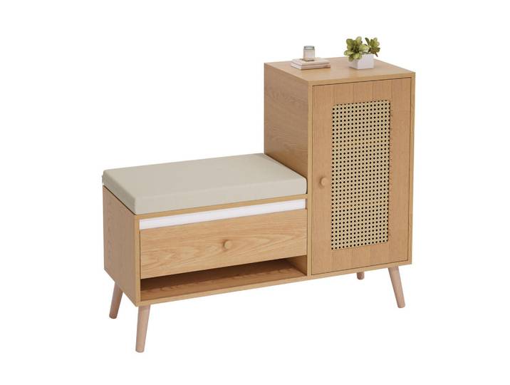 Flieks Schuhschrank Rattan Sitzbank Schubladen Fächer Tür modern, Naturfarben, 95.5x80.5x35 cm, Garderobe, Schuhaufbewahrung, Schuhkipper