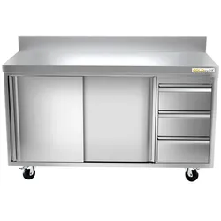 Edelstahl-Unterschrank 1400 x 700 mm, wandstehend, mit 3 rechten Schubladen auf Rollen PREMIUM - GOLDINOX