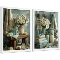POSTER Set mit 2 dekorativen Badezimmer-Drucken, Shabby Chic Blumenposter für Wand, Waschbecken, romantische Dekoration mit Blumen Weißer Rahmen A3