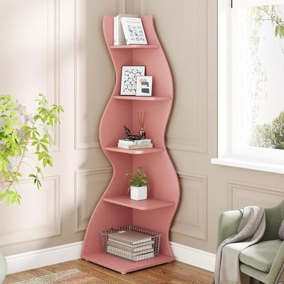 YUZHOU Modern Wood Corner Shelf, 5-Tier Bookshelf Bookcase for Living Room