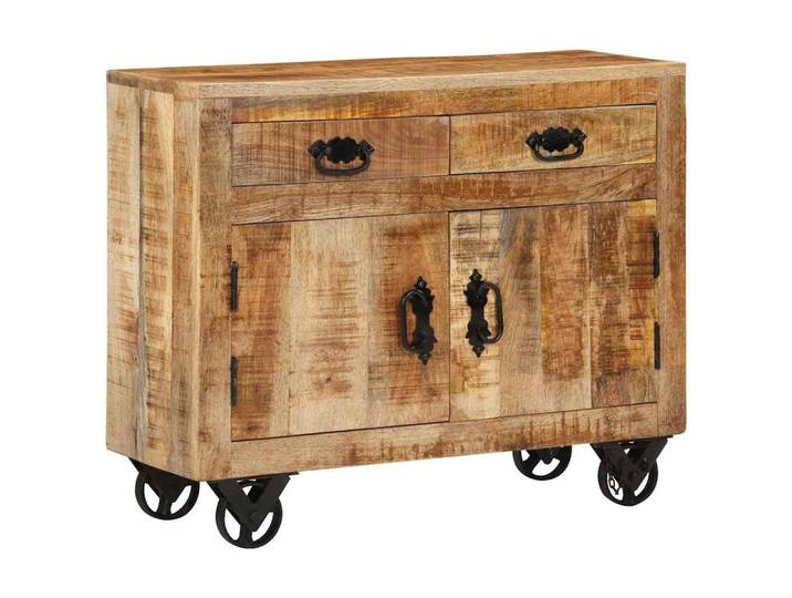 furnicato Sideboard Retro Vollholz mit Gusseisenrädern 80x30x65 cm Braun (1 St), Kommode mit Bremsmechanismus, Schubladen und viel Stauraum