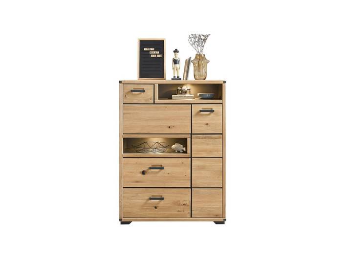 Massivart® Highboard CATANIA 105 cm / Massivholz Wildeiche geölt / Metallgriffe, 1 Holztür / 1 Türklappe / 2 Schubladen / Soft-Close / LED-Beleuchtung