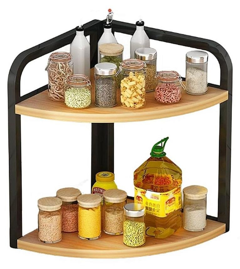 Merkloos hoekopbergrek van hout en metaal voor de keuken of badkamer