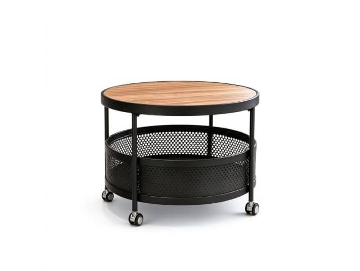 Moderner mobiler runder Couchtisch mit Metallregal Runder rollbarer Couchtisch mit Holzplatte, unterem Netzkorb und feststellbaren beweglichen Rollen